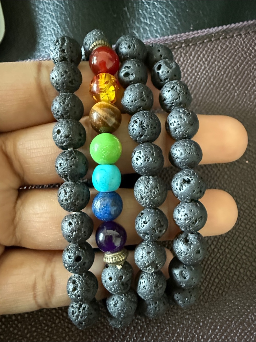 Multi-Color Chakra Lava Stone Stretch Bracelet - Black Lava Beads